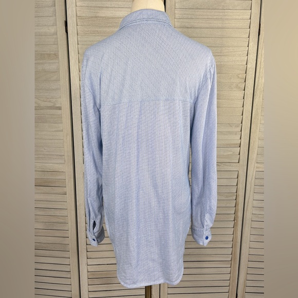 PASSPORT Button Down Shirt w Button Up Sleeves Blue/White Stripes-Large - Picture 3 of 3